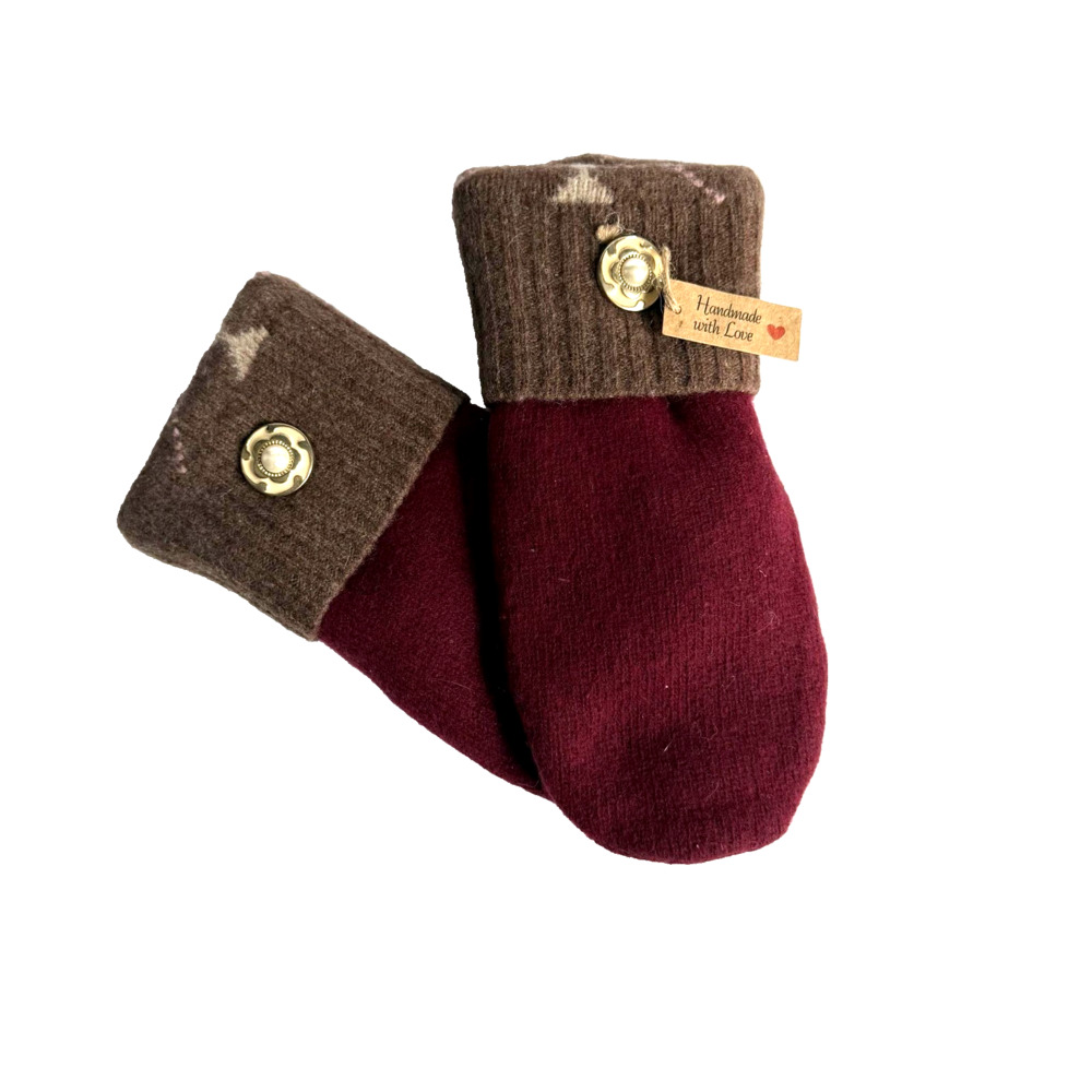 Handmade Mittens Womens One Size Red Fleece Lined Button Cuff Winter